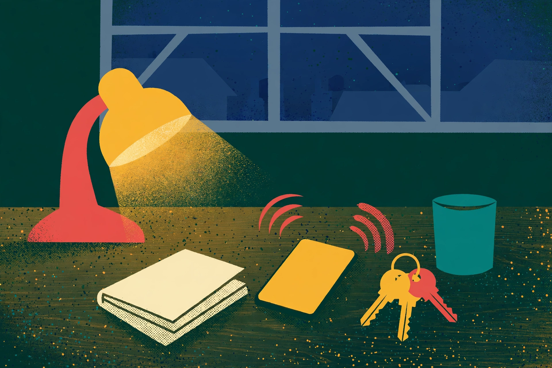 Illustration of a phone ringing on a table at night, next to a lamp, keys, and a notebook